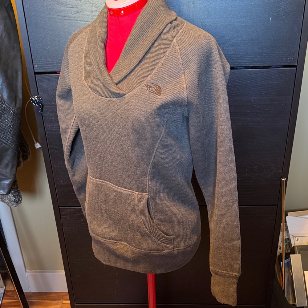 The North Face Women's Cowl Neck Sweater in Brown with soft fleece interior